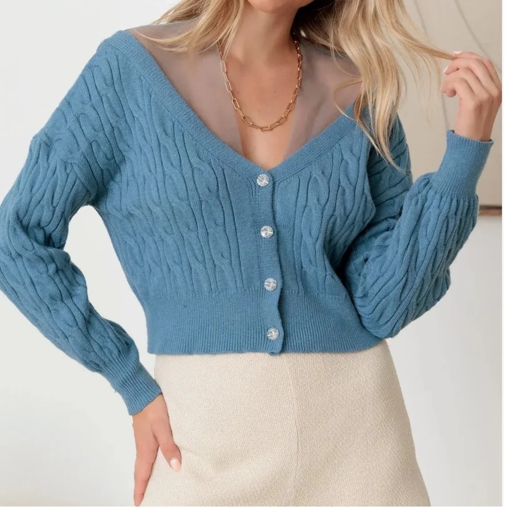 6pointS Blue Cable Knit Cardigan w/ Sheer Tulle Back Button Front NWOT Small